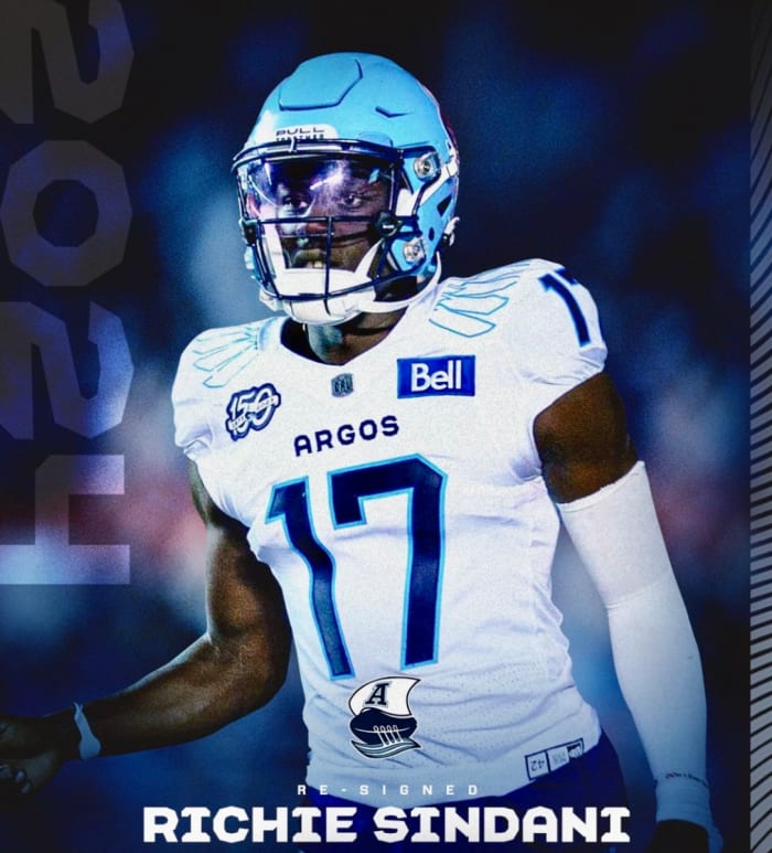 Wide receiver Richie Sindani is re-signing with the Toronto Argonauts after joining the team late last season.